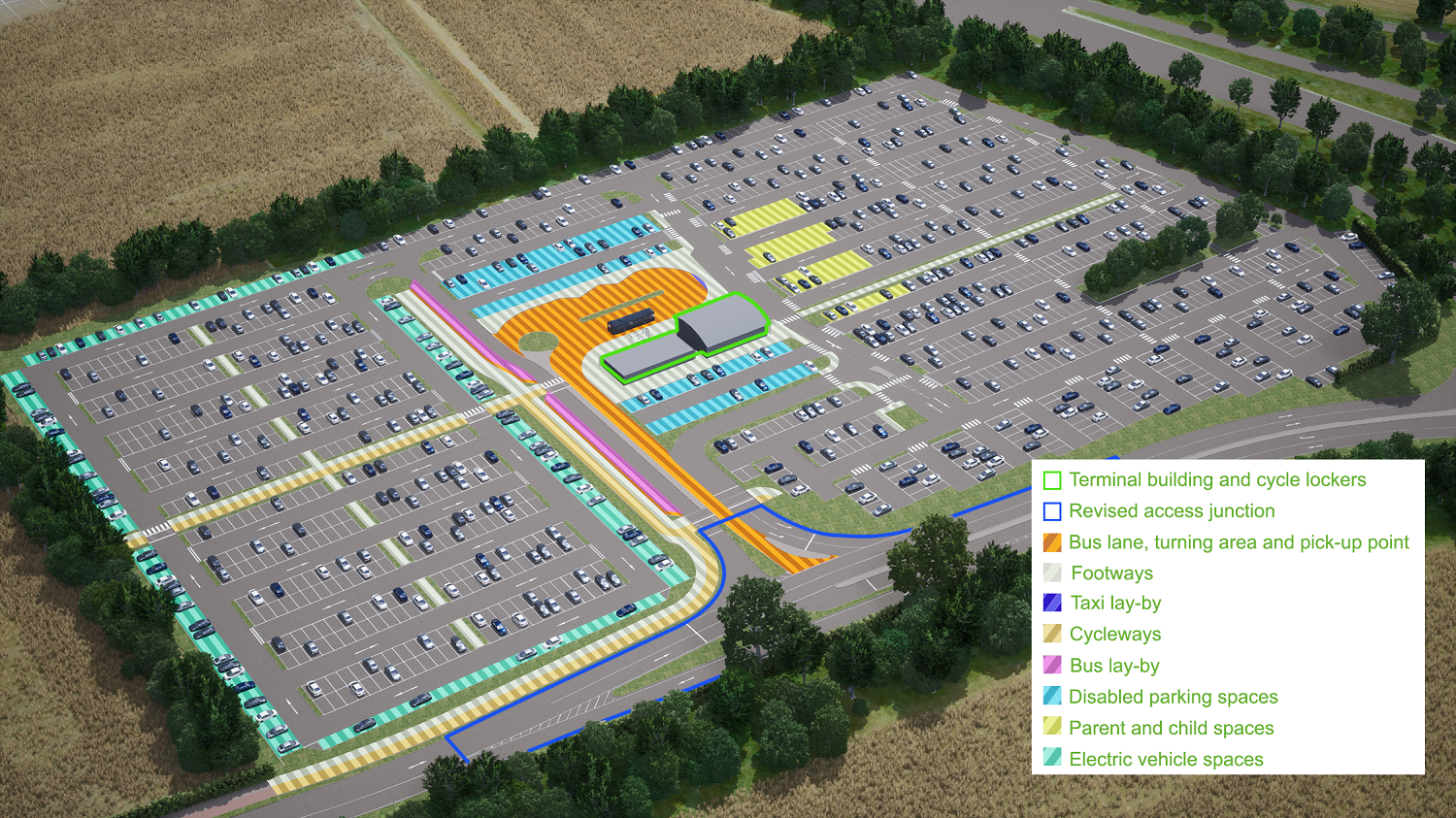Image showing the proposed extended Sandon Park and Ride site and layout changes with a key