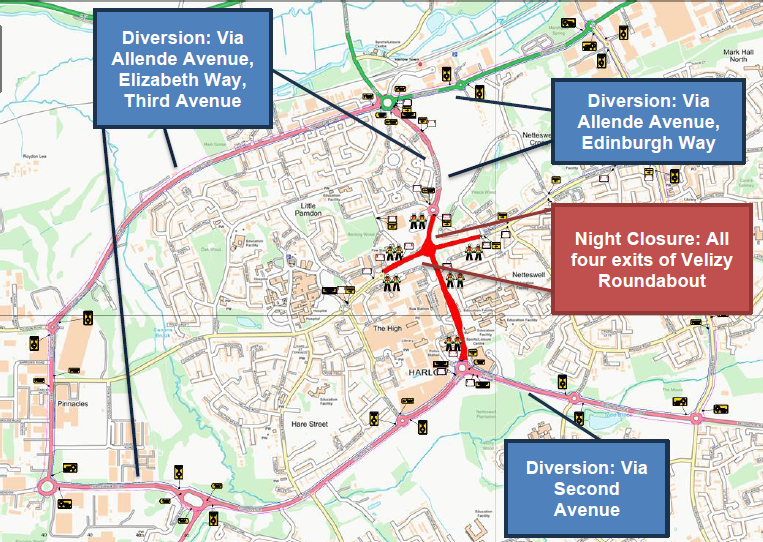 Map of Harlow showing alternative routes to avoid the night road closures at Velizy Roundabout between 9th and 13th December.