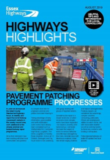 Highways Highlights cover for August 2019, showing some footways (pavement) works being undertaken