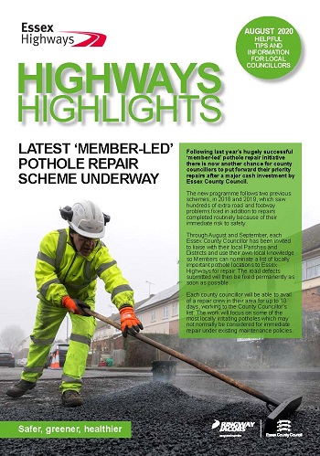 Cover of the  August 2020 edition of Highways Highlights - Headline Latest Member led pothole repair scheme underway