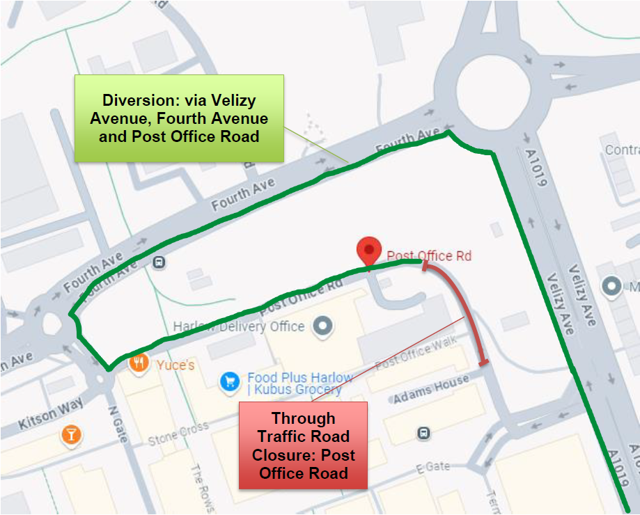 Image shows the diversion route via Velizy Avenue and Fourth Avenue for cars who would have used Post Office Road. 