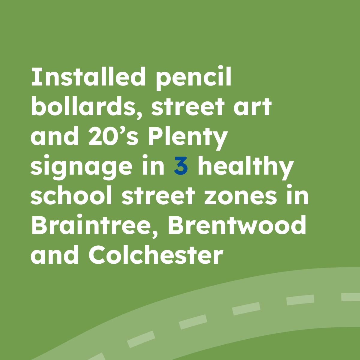 Installed pencil bollards, street art and 20's Plenty signage in 3 healthy school street zones in Braintree, Brentwood and Colchester
