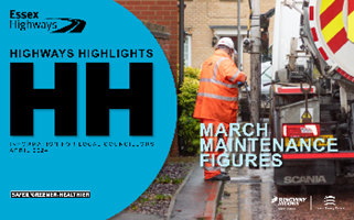 Cover of Highways Highlights April 2024, Text overlay of March Maintenance figure over an image of a gully cleansing vehicle and operative