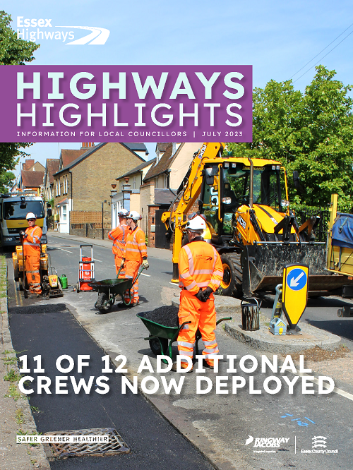 Cover of Highways Highlights June 2023, Text overlay of an image of a JCB and engineers repairing a pothole with the words 11 of 12 additional crews now deployed.