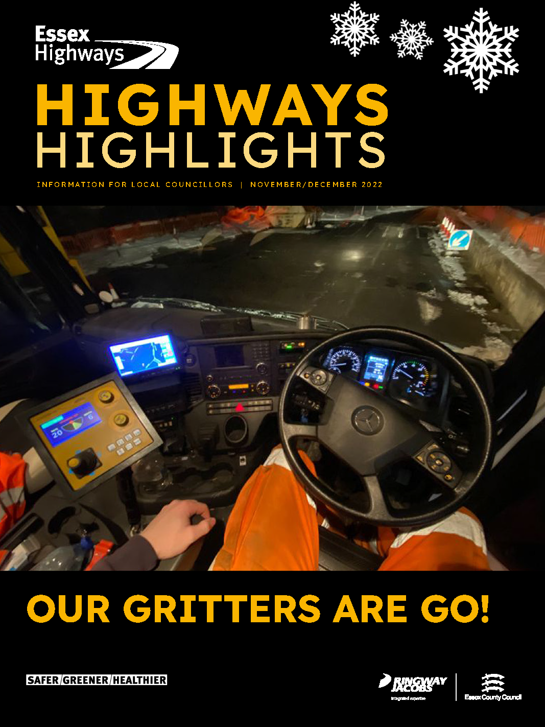 Cover of Highways Highlights November / December 2022 showing an image of the inside of a gritter cab