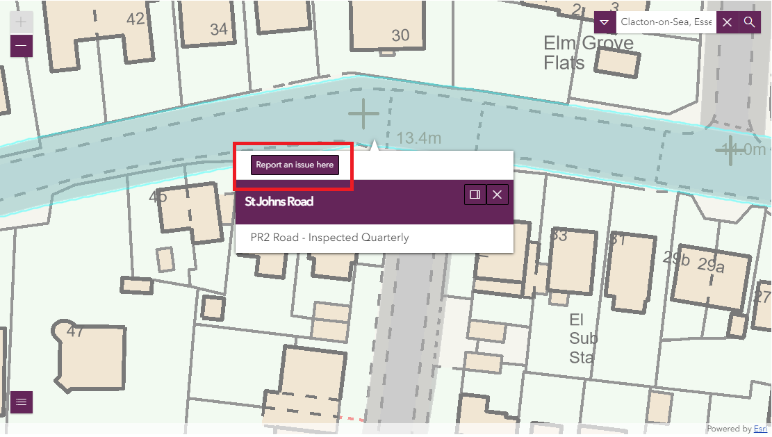 image showing the map zoomed into a location with the information popup and the Report an issue button highlighted